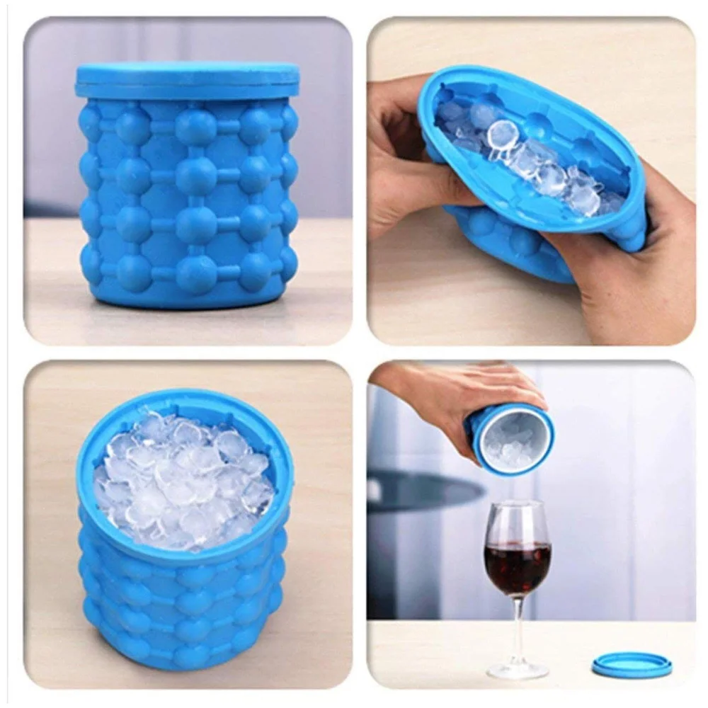 Large 2 in 1 Silicone Ice Bucket and Mould with Lid Maker (5.5 x 5 Inch, Blue)