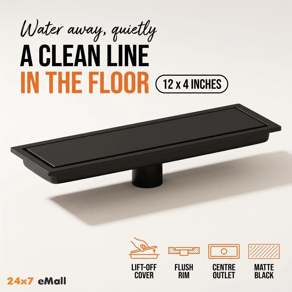 Black 12 x 4 Inches Tile Insert Floor Drain, 304 Stainless Steel Shower Channel, Waste Water Concealed Cockroach Trap 30 Cm (Center Hole)