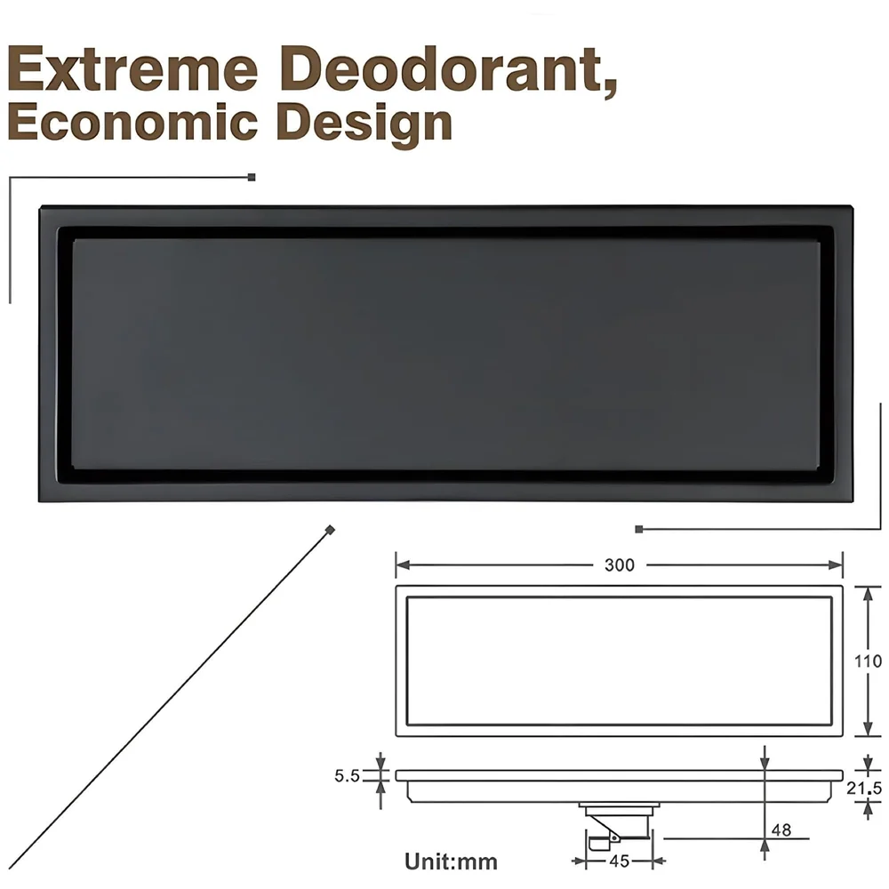 Black 12 x 4 Inches Tile Insert Floor Drain, 304 Stainless Steel Shower Channel, Waste Water Concealed Cockroach Trap 30 Cm (Center Hole)