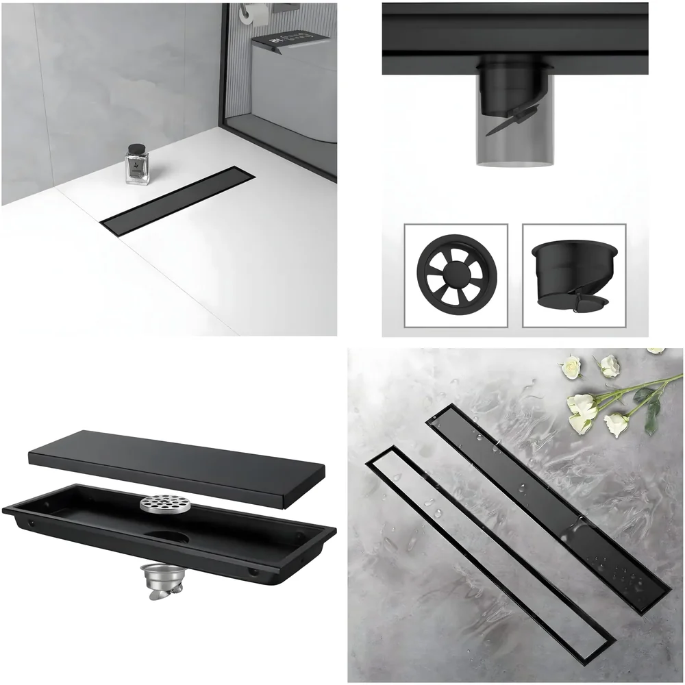 Black 12 x 4 Inches Tile Insert Floor Drain, 304 Stainless Steel Shower Channel, Waste Water Concealed Cockroach Trap 30 Cm (Center Hole)