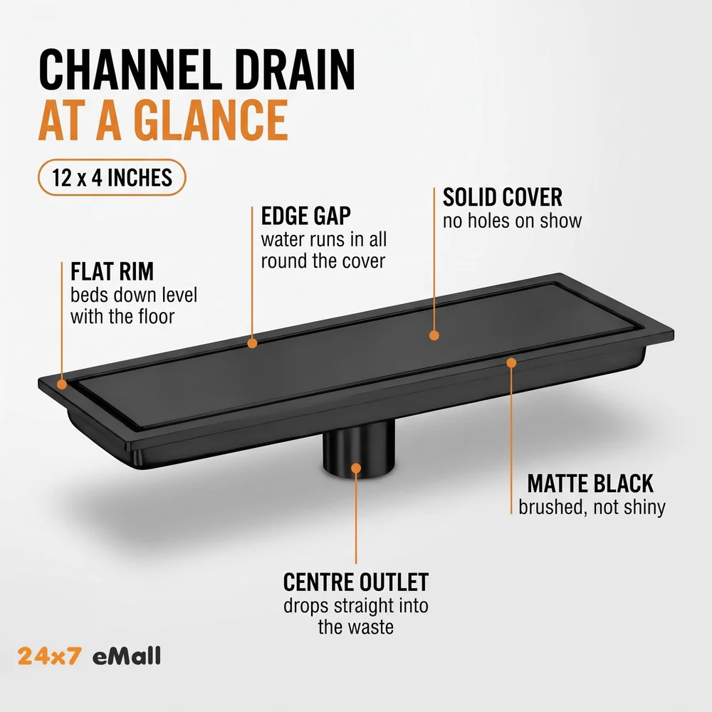 Black 12 x 4 Inches Tile Insert Floor Drain, 304 Stainless Steel Shower Channel, Waste Water Concealed Cockroach Trap 30 Cm (Center Hole)