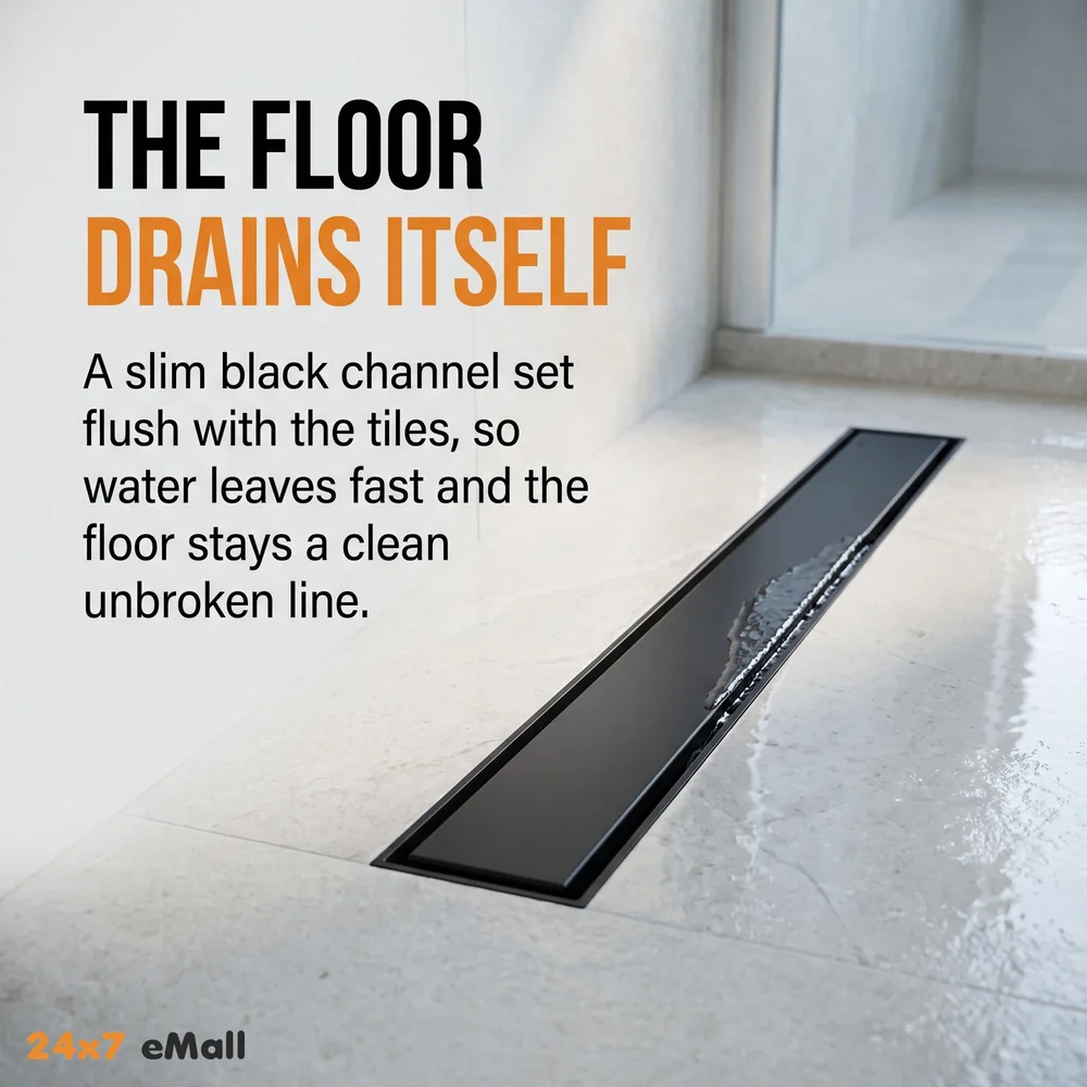 Black 12 x 4 Inches Tile Insert Floor Drain, 304 Stainless Steel Shower Channel, Waste Water Concealed Cockroach Trap 30 Cm (Center Hole)