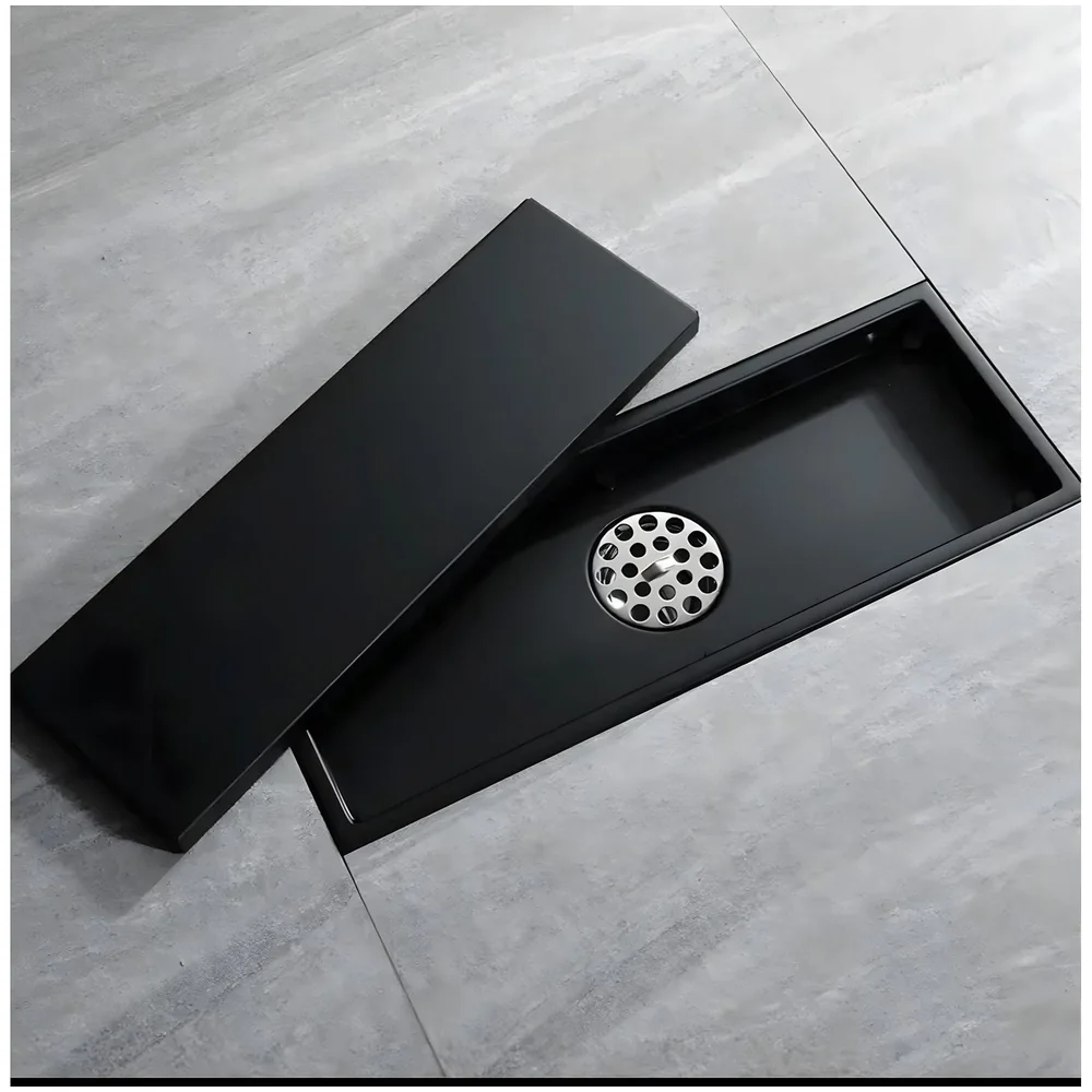 Black 12 x 4 Inches Tile Insert Floor Drain, 304 Stainless Steel Shower Channel, Waste Water Concealed Cockroach Trap 30 Cm (Center Hole)