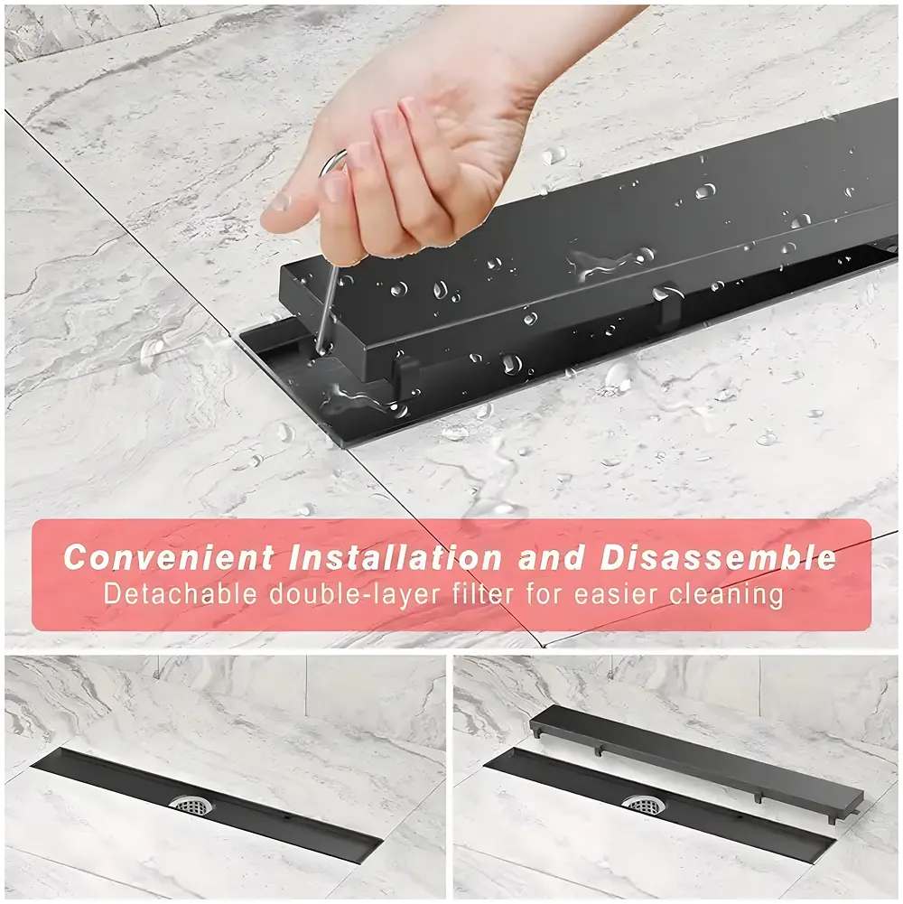 Black Floor Drain 12 x 4 Inch, 30 cm Tile Insert Center Hole Matt