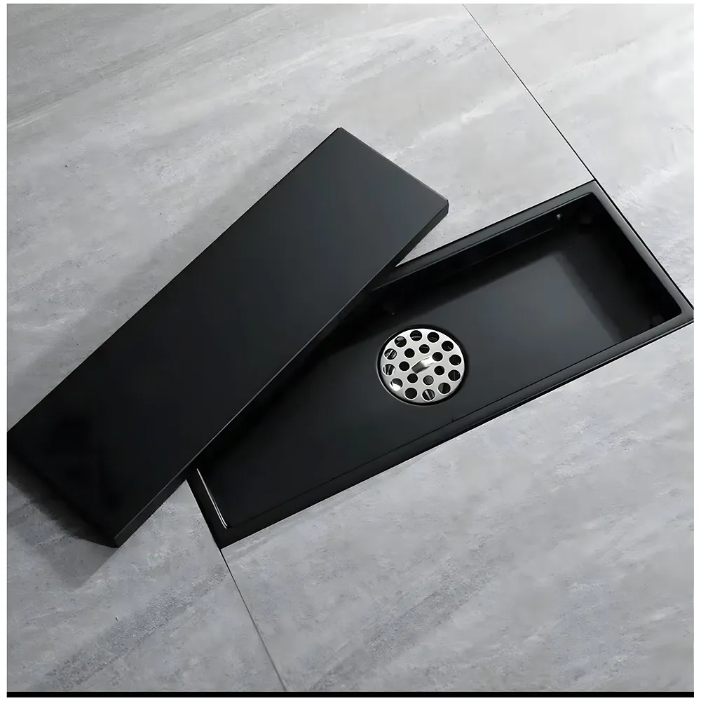 Black Floor Drain 12 x 4 Inch, 30 cm Tile Insert Center Hole Matt