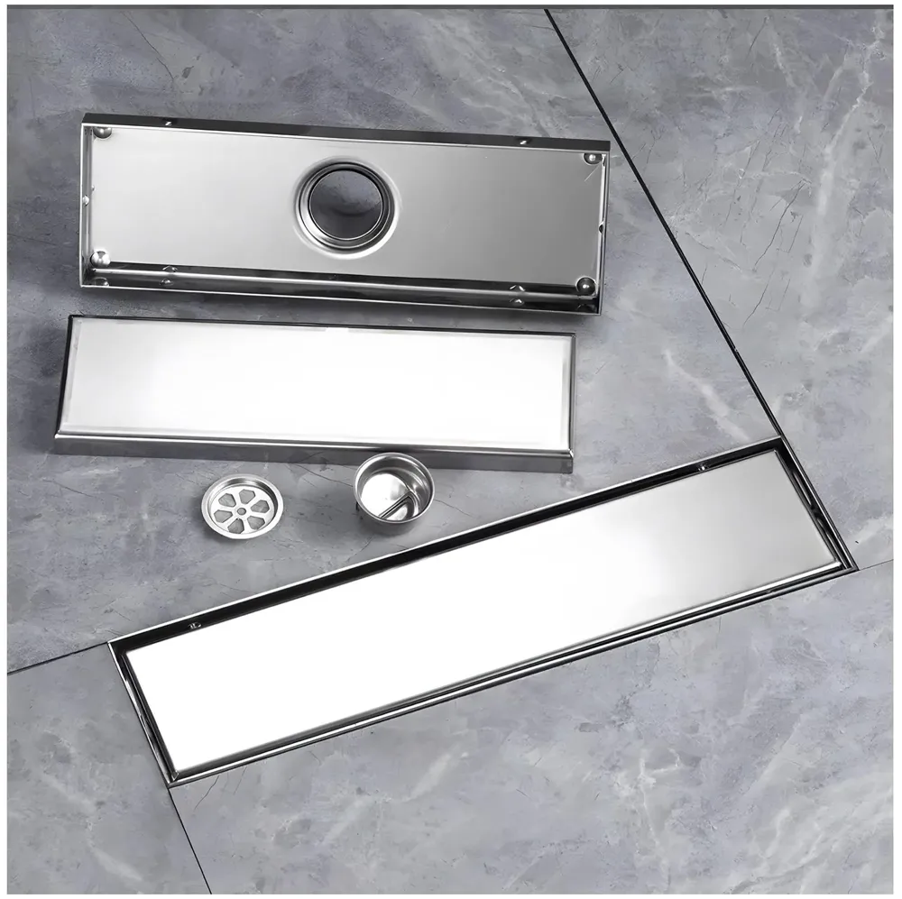 Silver Drain 12 x 4 Inches Tile Insert Floor Drain, 304 Stainless Steel Shower Drain Channel Waste Water Floor Drain for Concealed Tile Drain Channel Cockroach Trap 30 x 10 Cm (Center Hole)