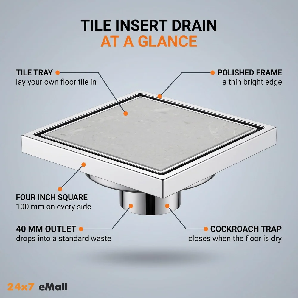 4 x 4 Inches Tile Insert Floor Drain, 304 Stainless Steel Invisible Shower Drain Channel Waste Water Floor Drain for Tile Channel with Stainless Steel Cockroach Trap