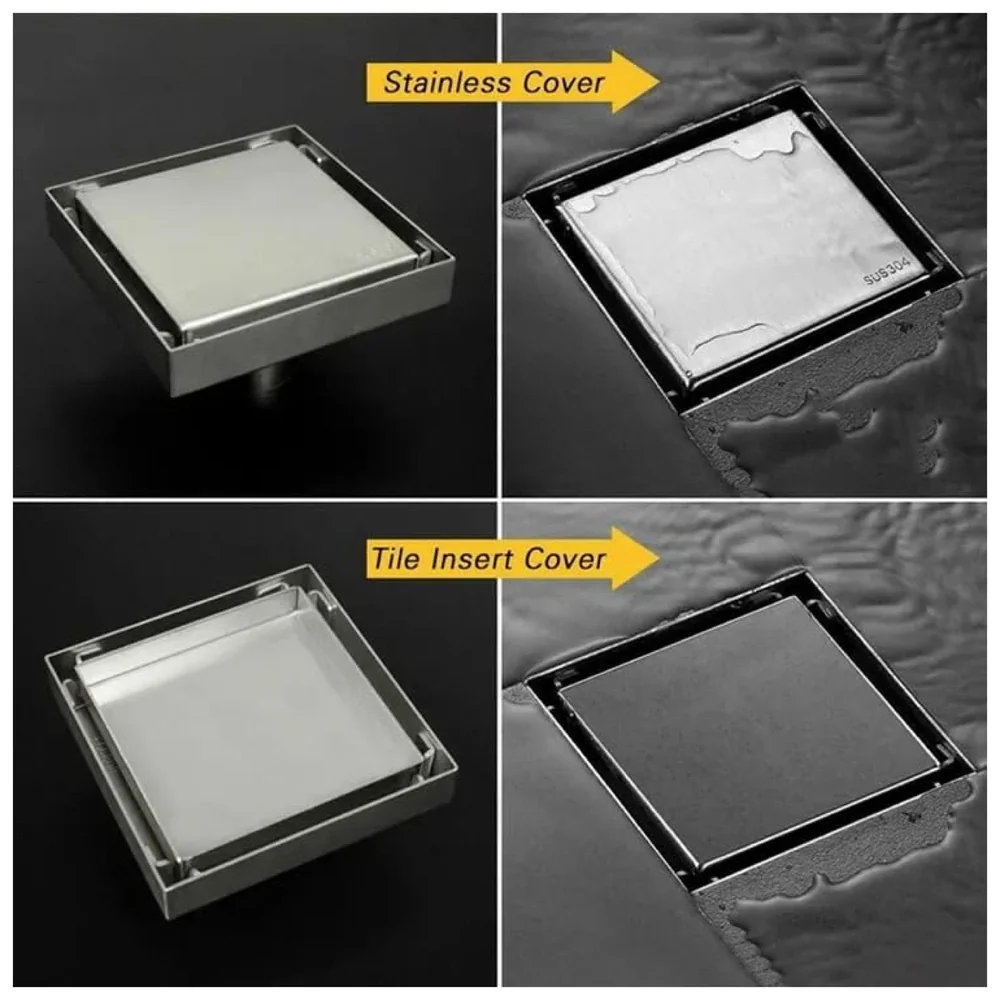 4 x 4 Inches Tile Insert Floor Drain, 304 Stainless Steel Invisible Shower Drain Channel Waste Water Floor Drain for Tile Channel with Stainless Steel Cockroach Trap
