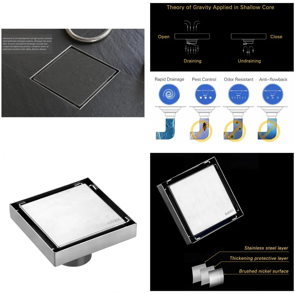 4 x 4 Inches Tile Insert Floor Drain, 304 Stainless Steel Invisible Shower Drain Channel Waste Water Floor Drain for Tile Channel with Stainless Steel Cockroach Trap