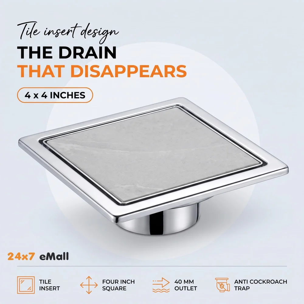 4 x 4 Inches Tile Insert Floor Drain, 304 Stainless Steel Invisible Shower Drain Channel Waste Water Floor Drain for Tile Channel with Stainless Steel Cockroach Trap