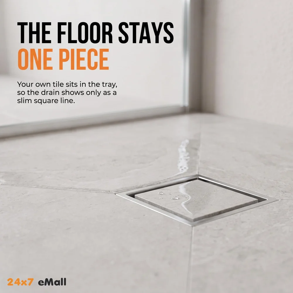 4 x 4 Inches Tile Insert Floor Drain, 304 Stainless Steel Invisible Shower Drain Channel Waste Water Floor Drain for Tile Channel with Stainless Steel Cockroach Trap