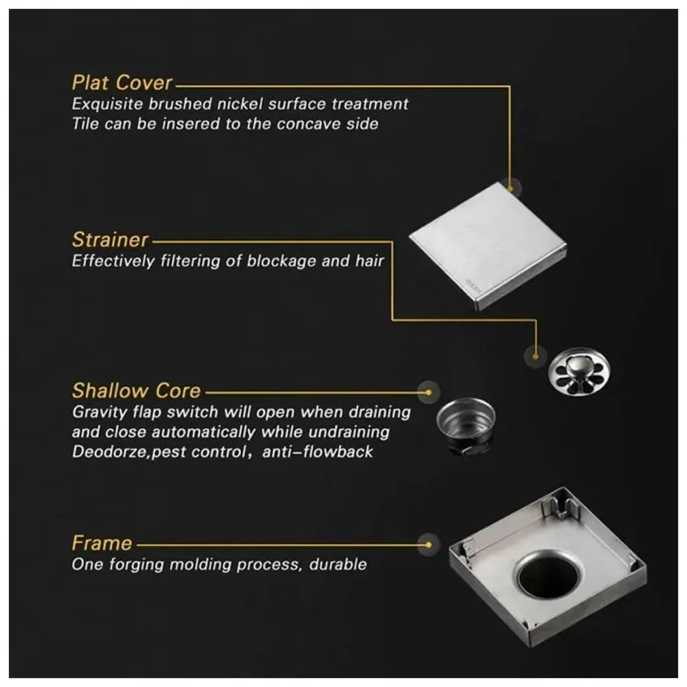 4 x 4 Inches Tile Insert Floor Drain, 304 Stainless Steel Invisible Shower Drain Channel Waste Water Floor Drain for Tile Channel with Stainless Steel Cockroach Trap