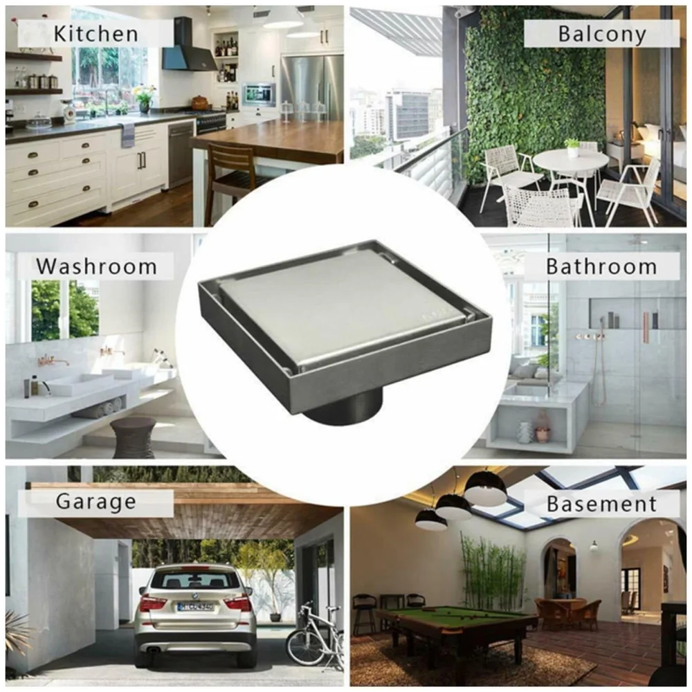 4 x 4 Inches Tile Insert Floor Drain, 304 Stainless Steel Invisible Shower Drain Channel Waste Water Floor Drain for Tile Channel with Stainless Steel Cockroach Trap