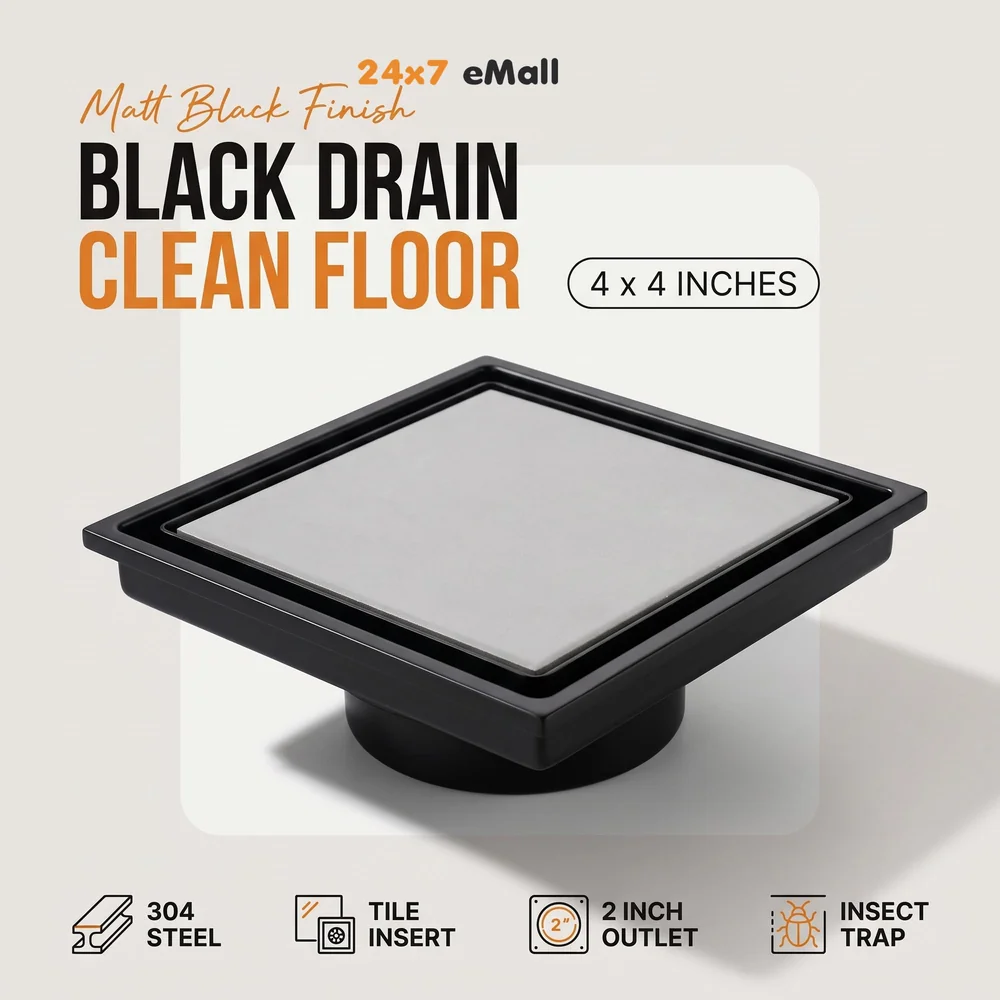 Black Floor Drain 4 x 4 Inches Tile Insert Floor Drain, SS, Invisible Shower Drain Channe Tile Drain Channel with Stainless Steel Cockroach Trap Concealed Matt Black