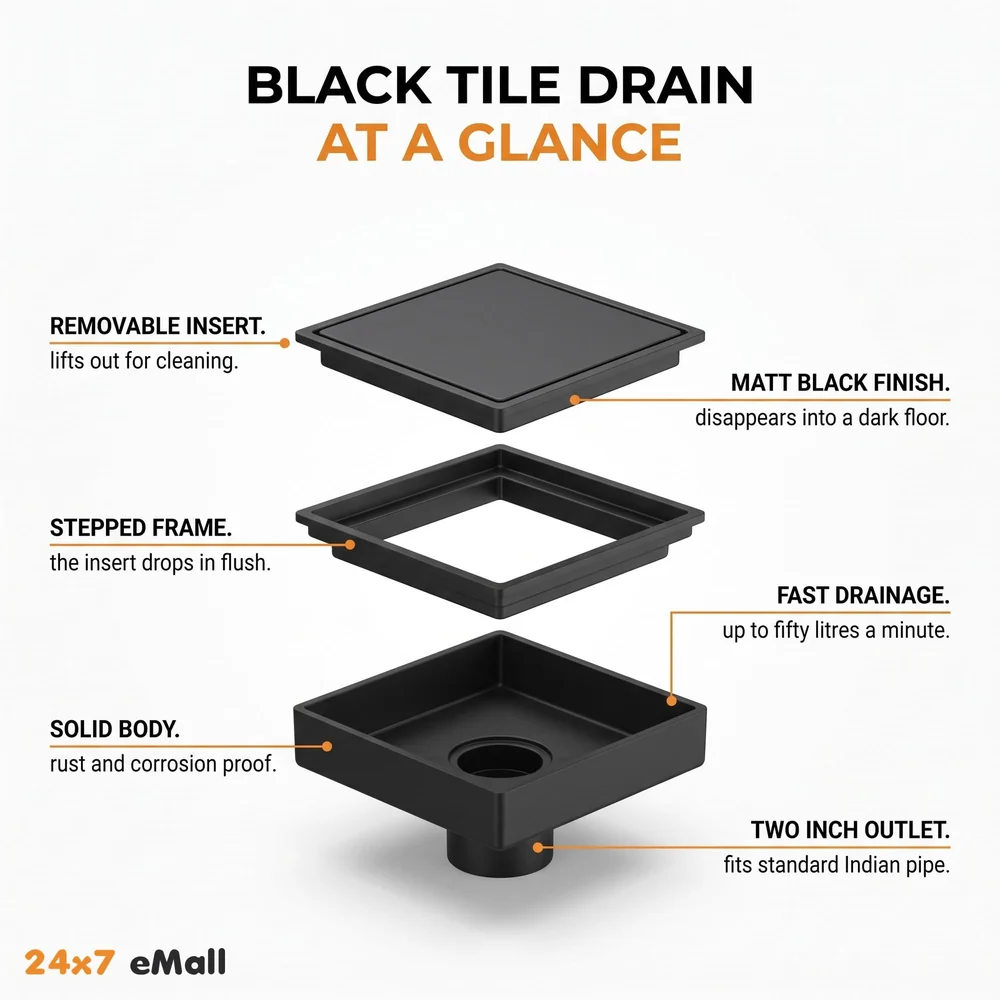 Black Floor Drain 4 x 4 Inches Tile Insert Floor Drain, SS, Invisible Shower Drain Channe Tile Drain Channel with Stainless Steel Cockroach Trap Concealed Matt Black