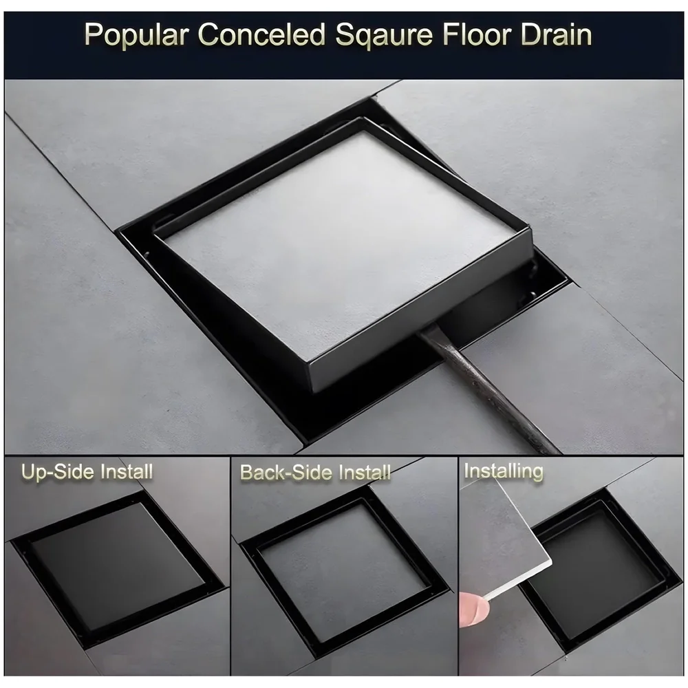 Black Floor Drain 4 x 4 Inches Tile Insert Floor Drain, SS, Invisible Shower Drain Channe Tile Drain Channel with Stainless Steel Cockroach Trap Concealed Matt Black