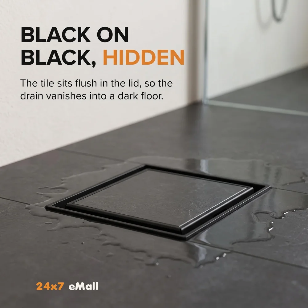 Black Floor Drain 4 x 4 Inches Tile Insert Floor Drain, SS, Invisible Shower Drain Channe Tile Drain Channel with Stainless Steel Cockroach Trap Concealed Matt Black