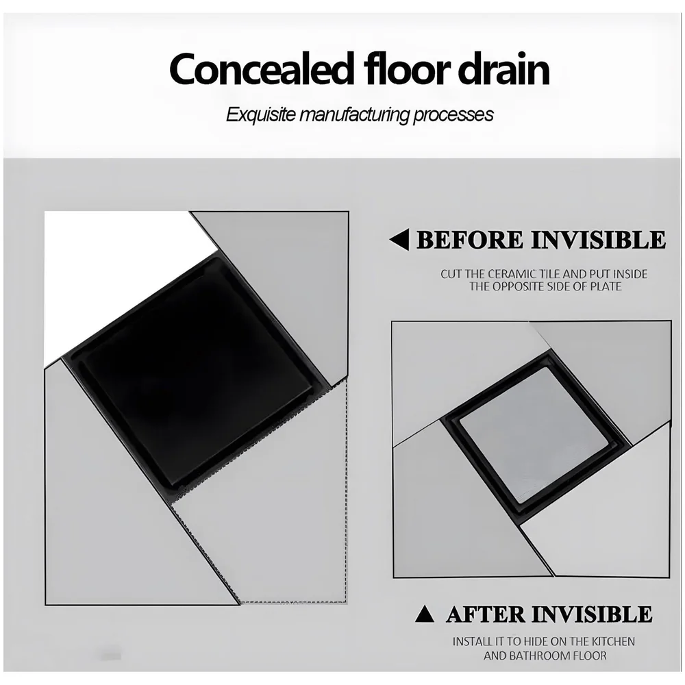Black Floor Drain 4 x 4 Inches Tile Insert Floor Drain, SS, Invisible Shower Drain Channe Tile Drain Channel with Stainless Steel Cockroach Trap Concealed Matt Black