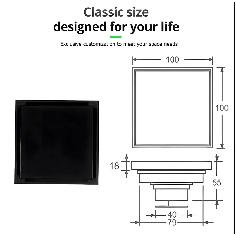 Black Floor Drain 4 x 4 Inches Tile Insert Floor Drain, SS, Invisible Shower Drain Channe Tile Drain Channel with Stainless Steel Cockroach Trap Concealed Matt Black