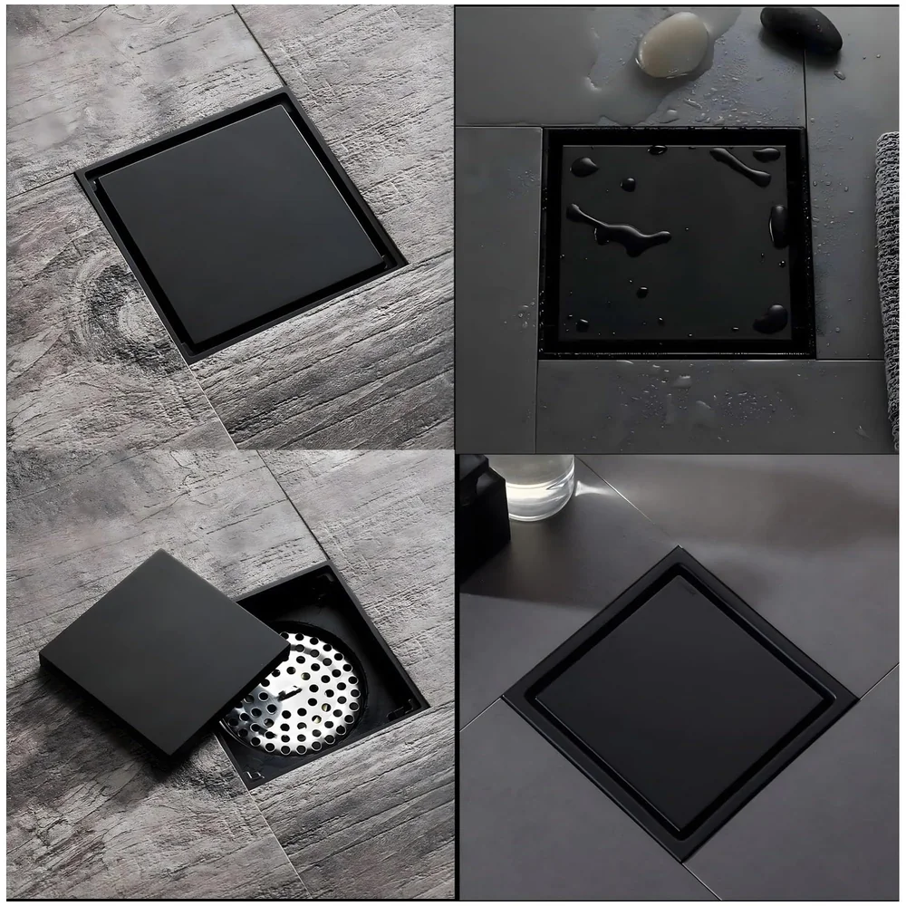 Black Floor Drain 4 x 4 Inches Tile Insert Floor Drain, SS, Invisible Shower Drain Channe Tile Drain Channel with Stainless Steel Cockroach Trap Concealed Matt Black