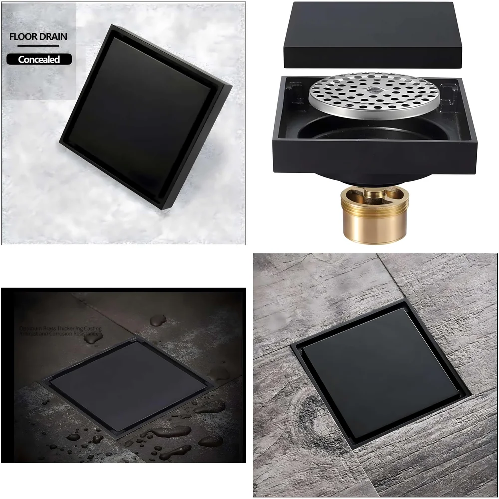 Black Floor Drain 4 x 4 Inches Tile Insert Floor Drain, SS, Invisible Shower Drain Channe Tile Drain Channel with Stainless Steel Cockroach Trap Concealed Matt Black