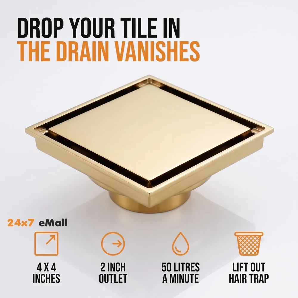 Gold Drain 4 x 4 Inches Tile Insert Floor Drain, 304 Stainless Steel Invisible Shower Drain Channel Waste Water Floor Drain for Tile Drain Channel with Stainless Steel Cockroach Trap