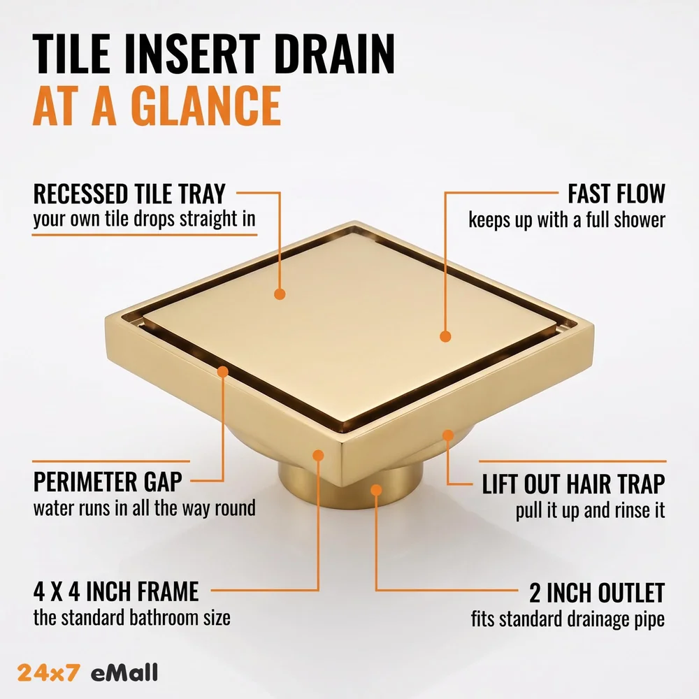 Gold Drain 4 x 4 Inches Tile Insert Floor Drain, 304 Stainless Steel Invisible Shower Drain Channel Waste Water Floor Drain for Tile Drain Channel with Stainless Steel Cockroach Trap