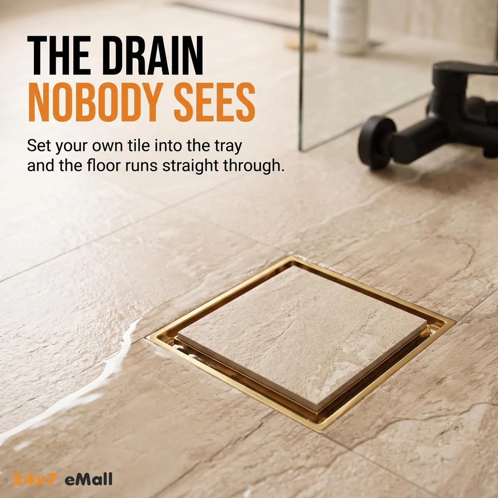 Gold Drain 4 x 4 Inches Tile Insert Floor Drain, 304 Stainless Steel Invisible Shower Drain Channel Waste Water Floor Drain for Tile Drain Channel with Stainless Steel Cockroach Trap