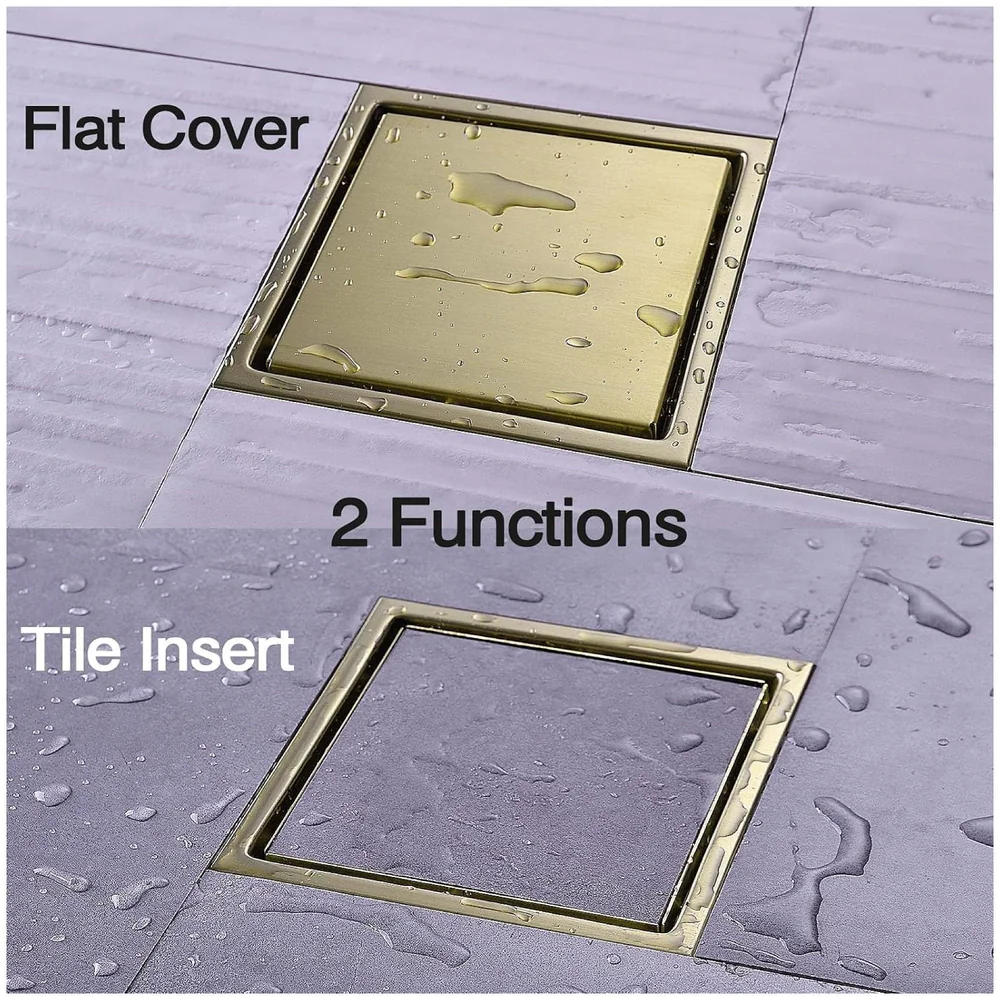 Gold Drain 4 x 4 Inches Tile Insert Floor Drain, 304 Stainless Steel Invisible Shower Drain Channel Waste Water Floor Drain for Tile Drain Channel with Stainless Steel Cockroach Trap