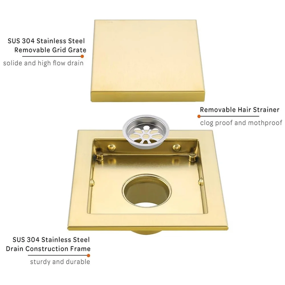 Gold Drain 4 x 4 Inches Tile Insert Floor Drain, 304 Stainless Steel Invisible Shower Drain Channel Waste Water Floor Drain for Tile Drain Channel with Stainless Steel Cockroach Trap