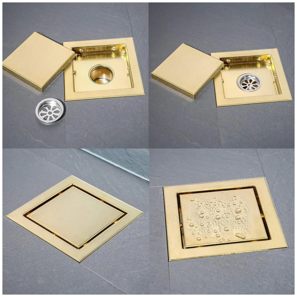 Gold Drain 4 x 4 Inches Tile Insert Floor Drain, 304 Stainless Steel Invisible Shower Drain Channel Waste Water Floor Drain for Tile Drain Channel with Stainless Steel Cockroach Trap