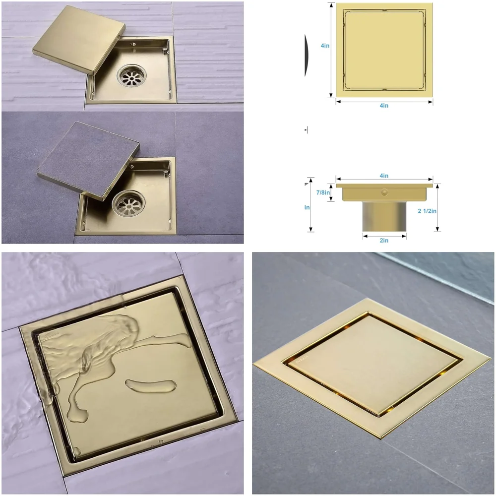 Gold Drain 4 x 4 Inches Tile Insert Floor Drain, 304 Stainless Steel Invisible Shower Drain Channel Waste Water Floor Drain for Tile Drain Channel with Stainless Steel Cockroach Trap