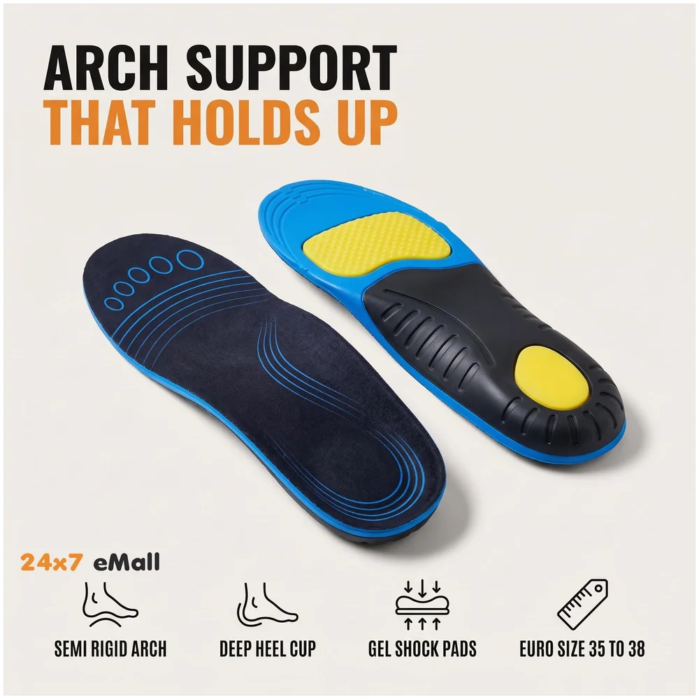 Gel Arch Insoles Flat Feet Plantar Fasciitis Euro 35 to 38 Blue