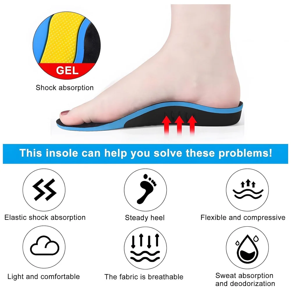 Gel Arch Insoles Flat Feet Plantar Fasciitis Euro 35 to 38 Blue