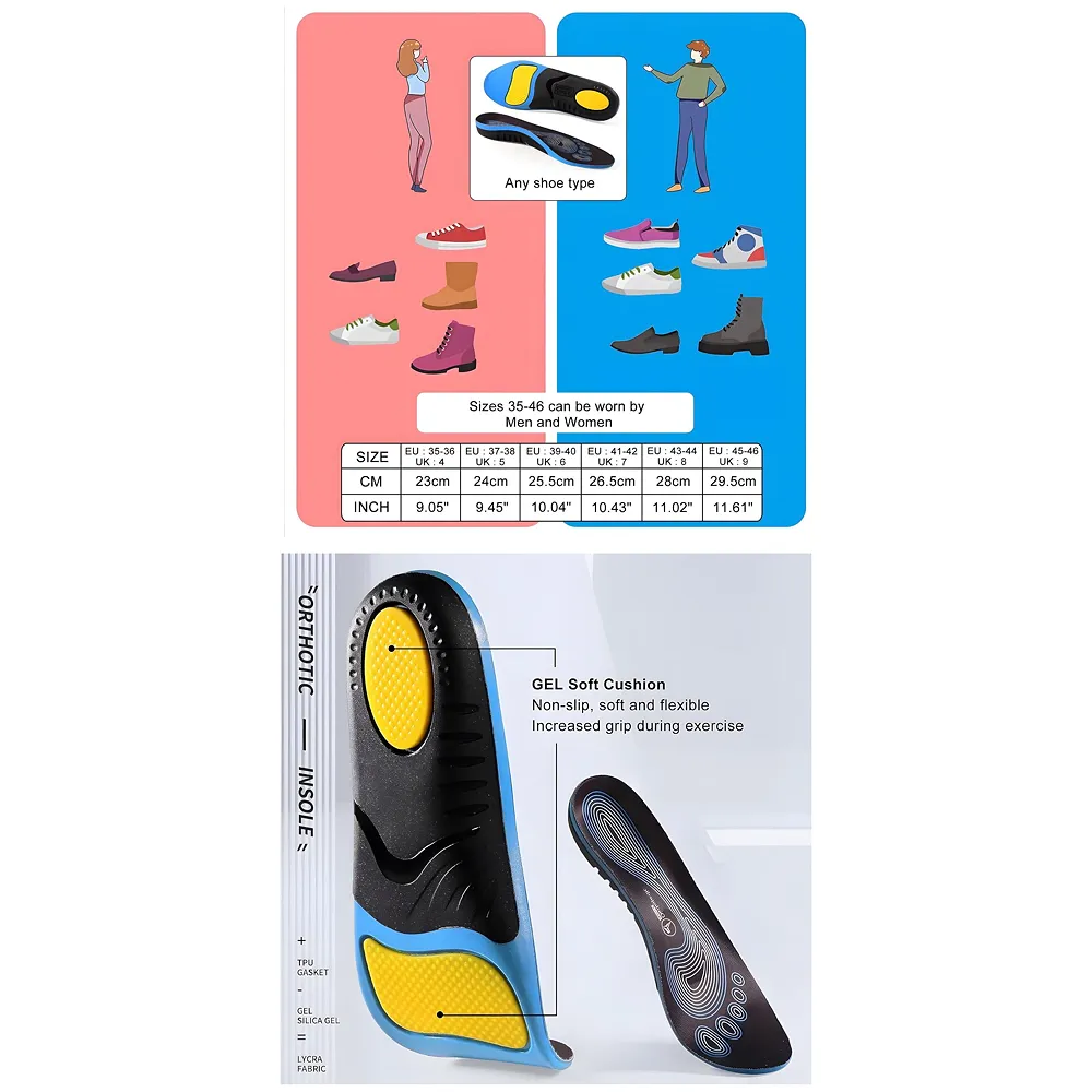 Gel Orthotic Insoles Flat Feet Plantar Fasciitis Euro 39 to 42
