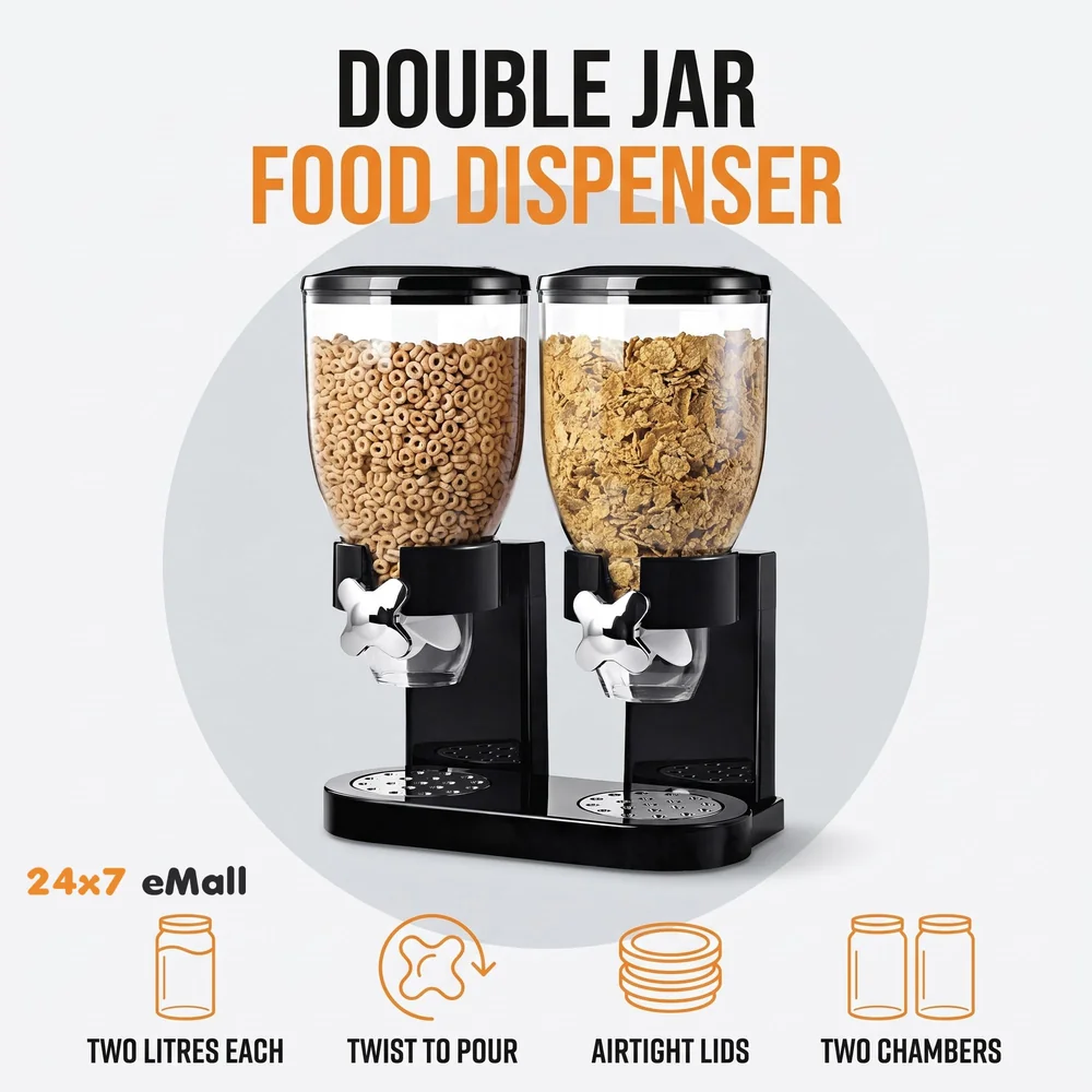 Airtight Double Jar Food Dispenser Kitchen Storage Container for Cornflakes/Cereal/Pulses/Beans/Oatmeal/Candy/Namkeen/Dry Food PVC - 500 gm, 2 Piece, Black