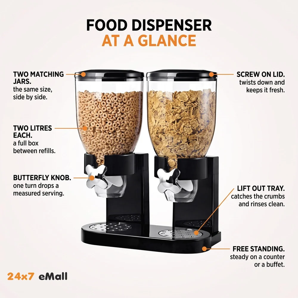 Airtight Double Jar Food Dispenser Kitchen Storage Container for Cornflakes/Cereal/Pulses/Beans/Oatmeal/Candy/Namkeen/Dry Food PVC - 500 gm, 2 Piece, Black