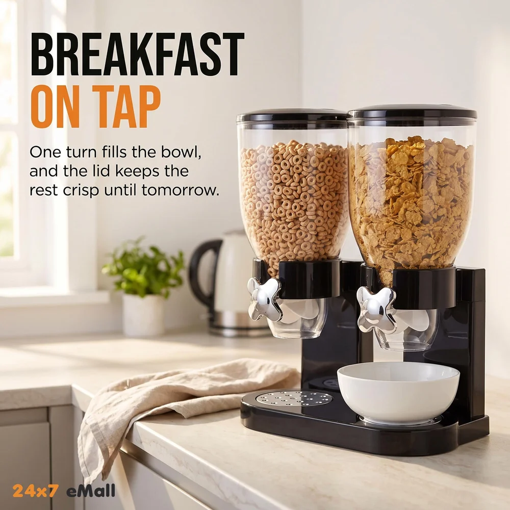 Airtight Double Jar Food Dispenser Kitchen Storage Container for Cornflakes/Cereal/Pulses/Beans/Oatmeal/Candy/Namkeen/Dry Food PVC - 500 gm, 2 Piece, Black