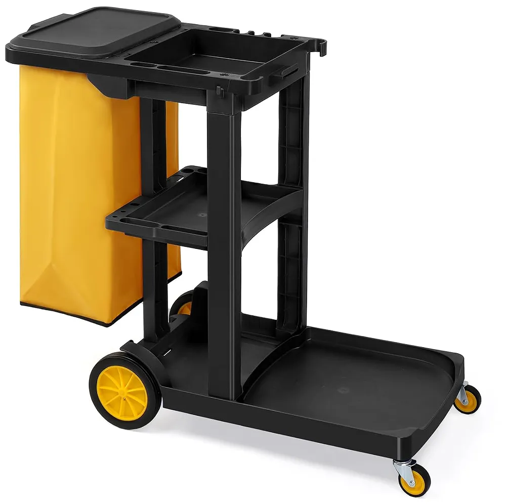 TUFFIOM Commercial Traditional Cleaning 3-Shelf Janitorial Cart, 500 Lbs Capacity Housekeeping Cart, Wheeled with Yellow VinylBag and Cover w Lid, Black