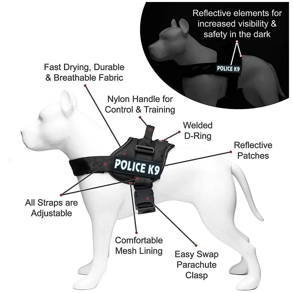 K9 Police Dog Harness Dog Vest Adjustable XL- 28-38 Inch Girth, Black