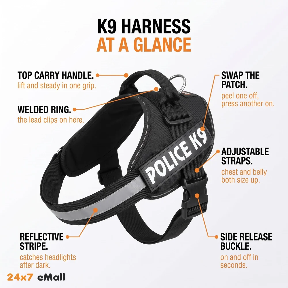 Dog K9 Police Dog Harness Vest with Hook and Loop Straps and Handle and Adjustable (Large -28-34 Inch Girth, Black)