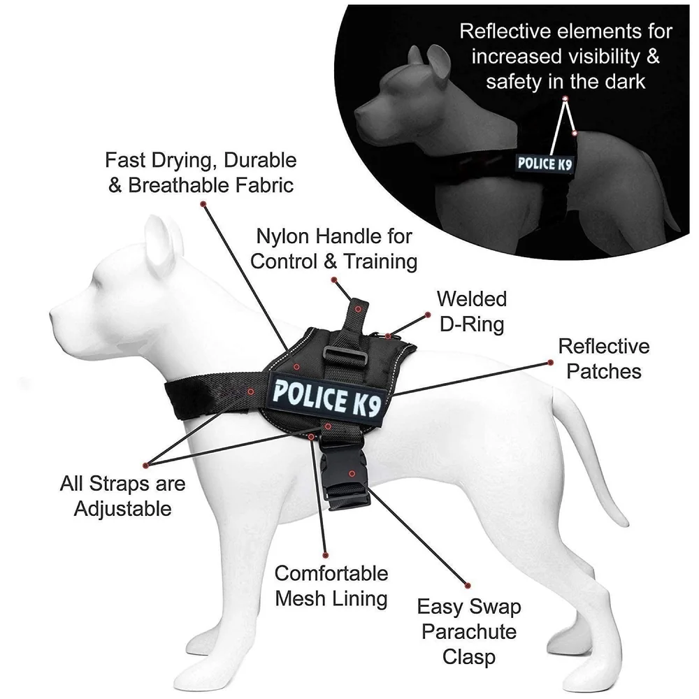 Dog K9 Police Dog Harness Vest with Hook and Loop Straps and Handle and Adjustable (Large -28-34 Inch Girth, Black)
