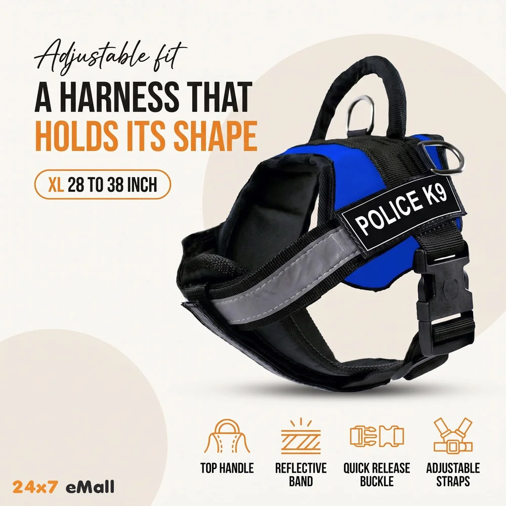 Dog K9 Police Harness Dog Vest Loop Straps and Handle and Adjustable (XL- 28-38 Inch Girth, Blue)