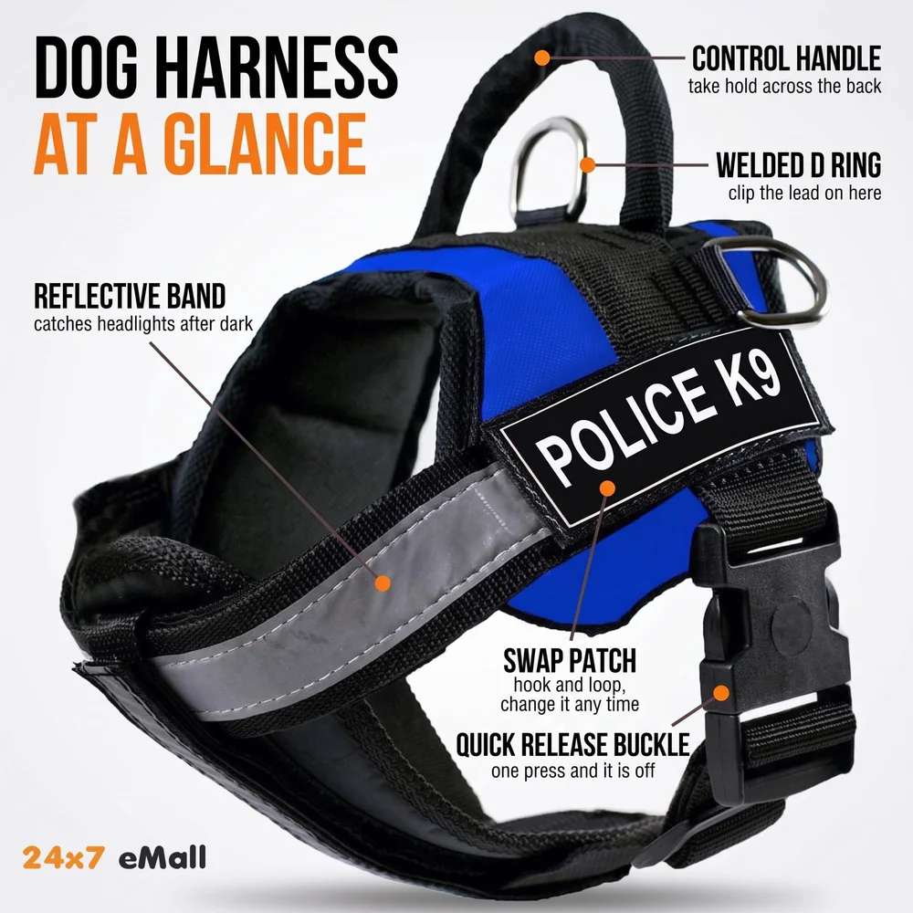 Dog K9 Police Harness Dog Vest Loop Straps and Handle and Adjustable (XL- 28-38 Inch Girth, Blue)