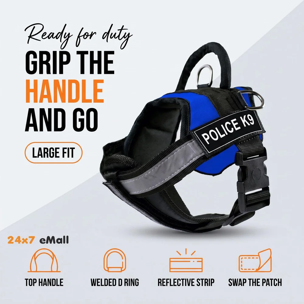 Dog K9 Police Harness Dog Vest Loop Straps and Handle and Adjustable (L - 28-34 Inch Girth, Blue)