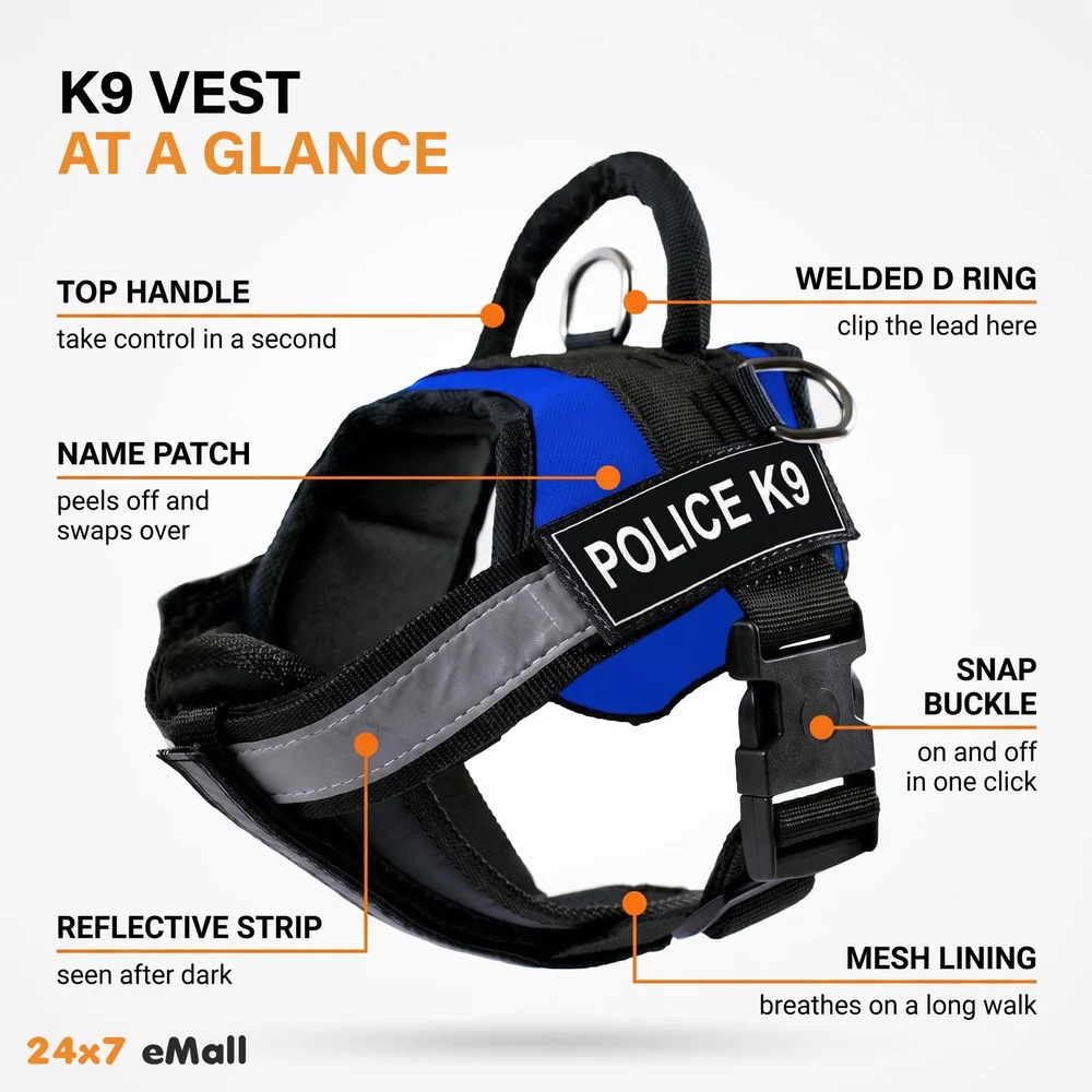 Dog K9 Police Harness Dog Vest Loop Straps and Handle and Adjustable (L - 28-34 Inch Girth, Blue)