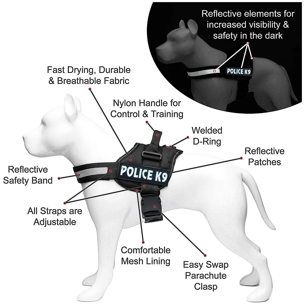 Dog K9 Police Dog Harness Vest with Hook and Loop Straps and Handle and Adjustable (Medium - 22-28 Inch Girth, Black)
