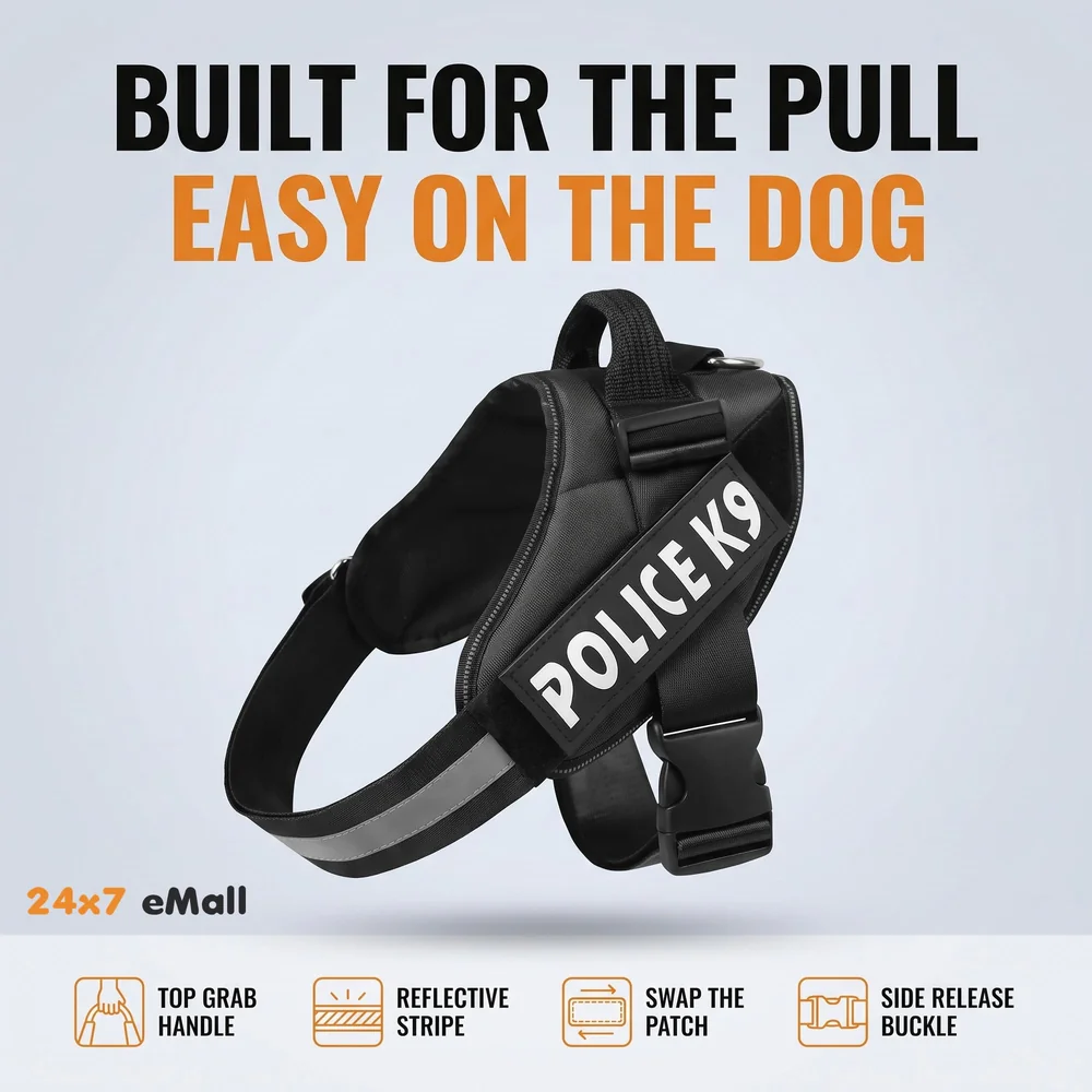Dog K9 Police Dog Harness Vest with Hook and Loop Straps and Handle and Adjustable (XL- 28-38 Inch Girth, Black),210 gram