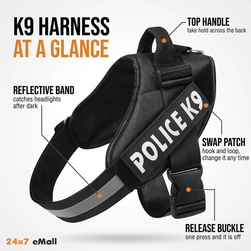 Dog K9 Police Dog Harness Vest with Hook and Loop Straps and Handle and Adjustable (M- 22-28 Inch Girth, Black)