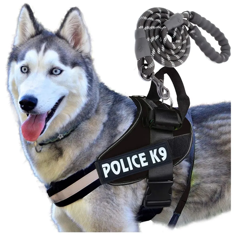 Dog K9 Police Harness Dog Vest Combo with 5ft Leash with Handle and Adjustable XL- 28-38 Inch Girth